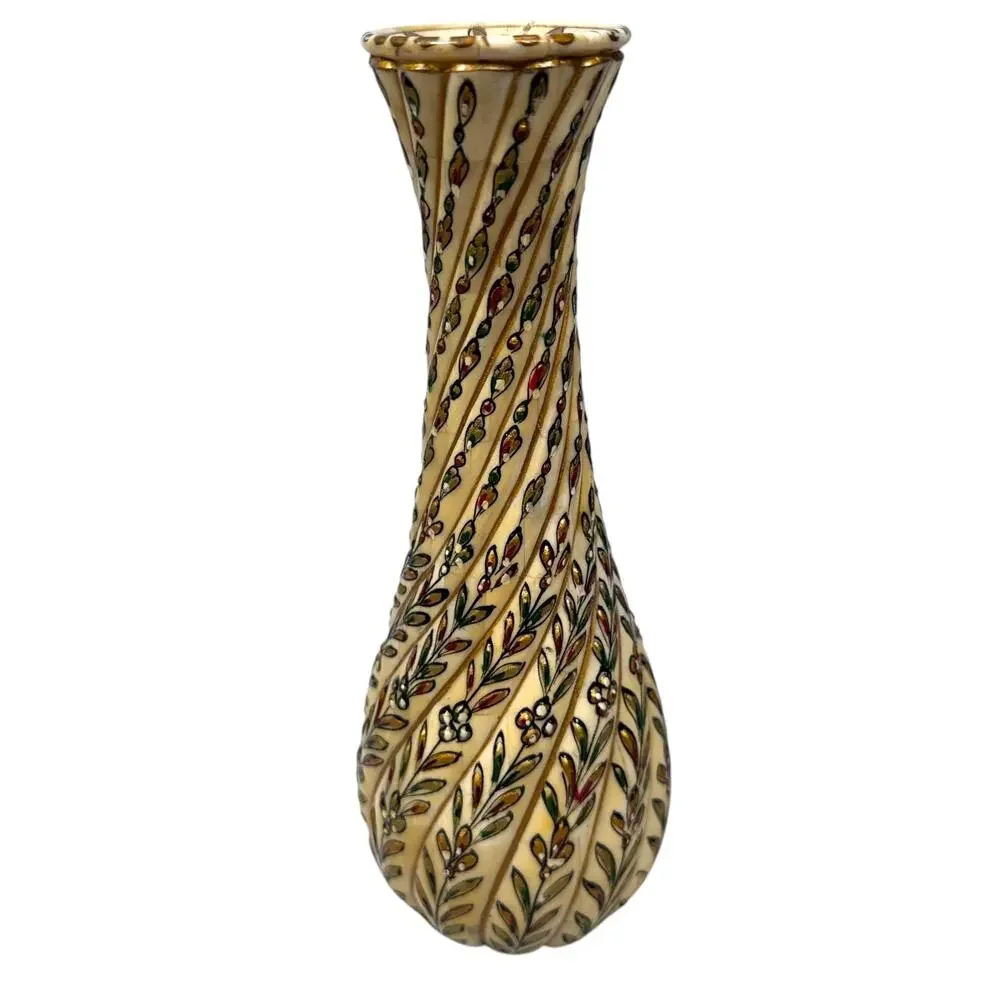 Vintage Moroccan Inlaid Bone Vase Scrimshaw 8.5